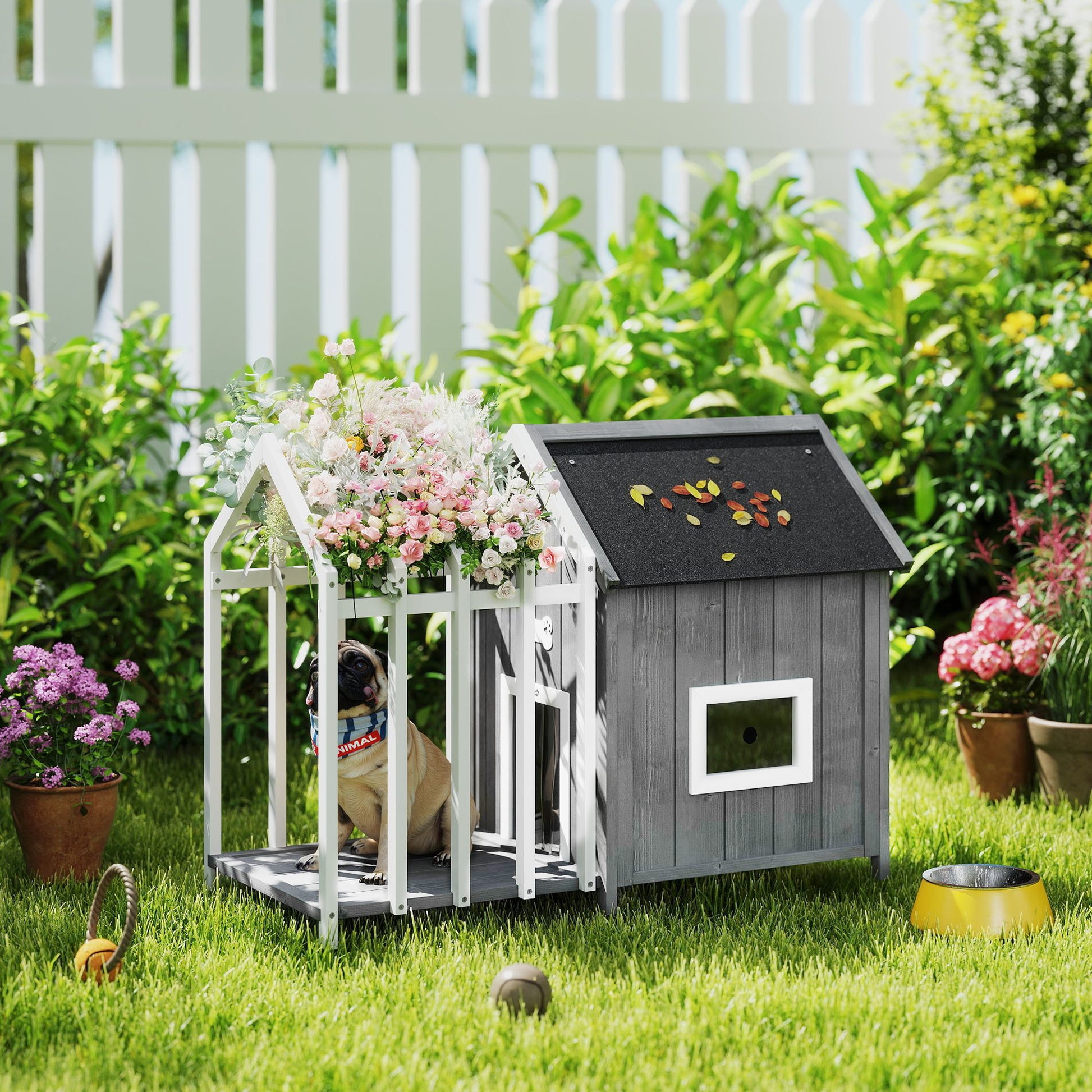 Outdoor Wooden Dog House with Terrace and Barrier, Dog Outdoor House with Sliding Door and Pointed Bitumen Roof, for Garden, Yard, Veranda, Patio, 106 x 62.5 x 80.5 cm, Gray