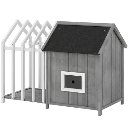 Outdoor Wooden Dog House with Terrace and Barrier, Dog Outdoor House with Sliding Door and Pointed Bitumen Roof, for Garden, Yard, Veranda, Patio, 106 x 62.5 x 80.5 cm, Gray