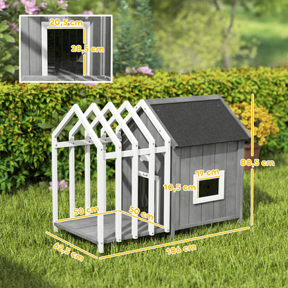 Outdoor Wooden Dog House with Terrace and Barrier, Dog Outdoor House with Sliding Door and Pointed Bitumen Roof, for Garden, Yard, Veranda, Patio, 106 x 62.5 x 80.5 cm, Gray