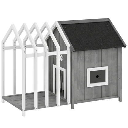 Outdoor Wooden Dog House with Terrace and Barrier, Dog Outdoor House with Sliding Door and Pointed Bitumen Roof, for Garden, Yard, Veranda, Patio, 106 x 62.5 x 80.5 cm, Gray