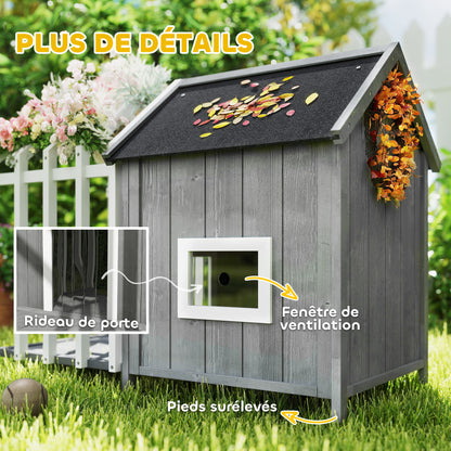 Outdoor Wooden Dog House with Terrace and Barrier, Dog Outdoor House with Sliding Door and Pointed Bitumen Roof, for Garden, Yard, Veranda, Patio, 106 x 62.5 x 80.5 cm, Gray