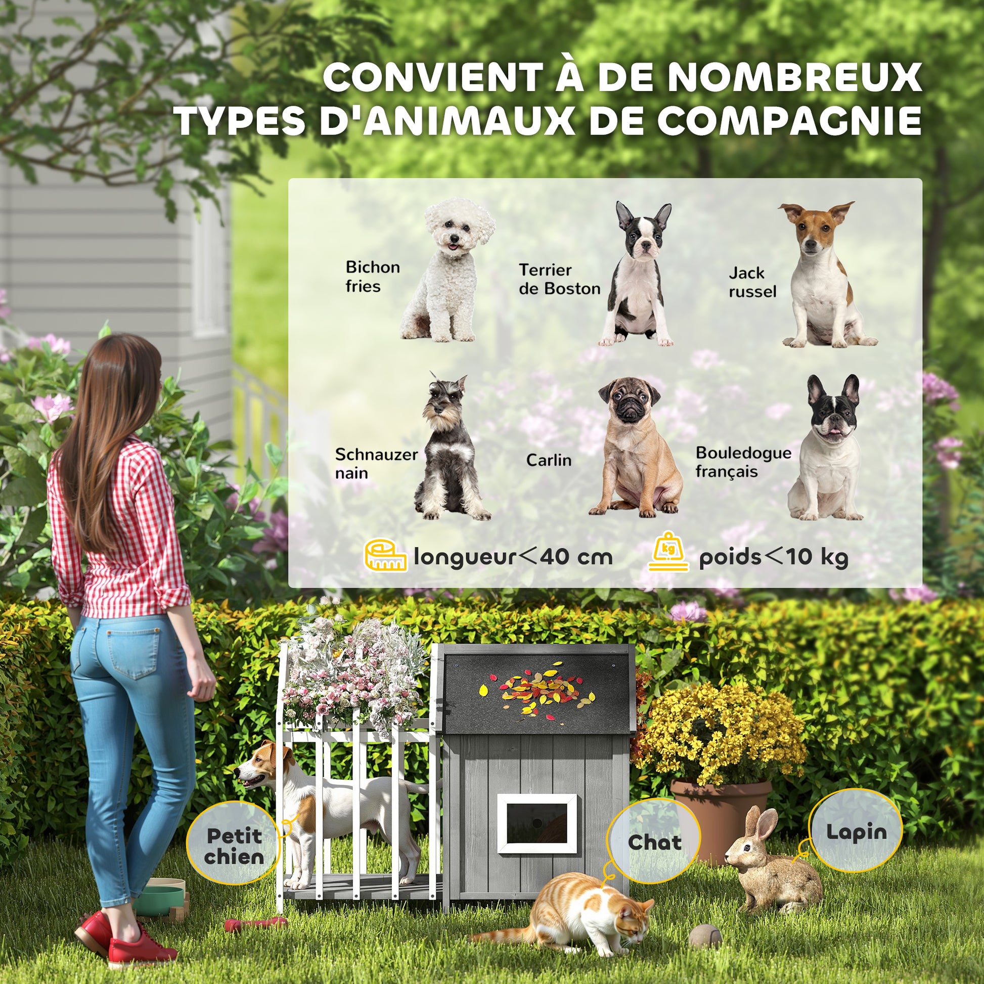 Outdoor Wooden Dog House with Terrace and Barrier, Dog Outdoor House with Sliding Door and Pointed Bitumen Roof, for Garden, Yard, Veranda, Patio, 106 x 62.5 x 80.5 cm, Gray