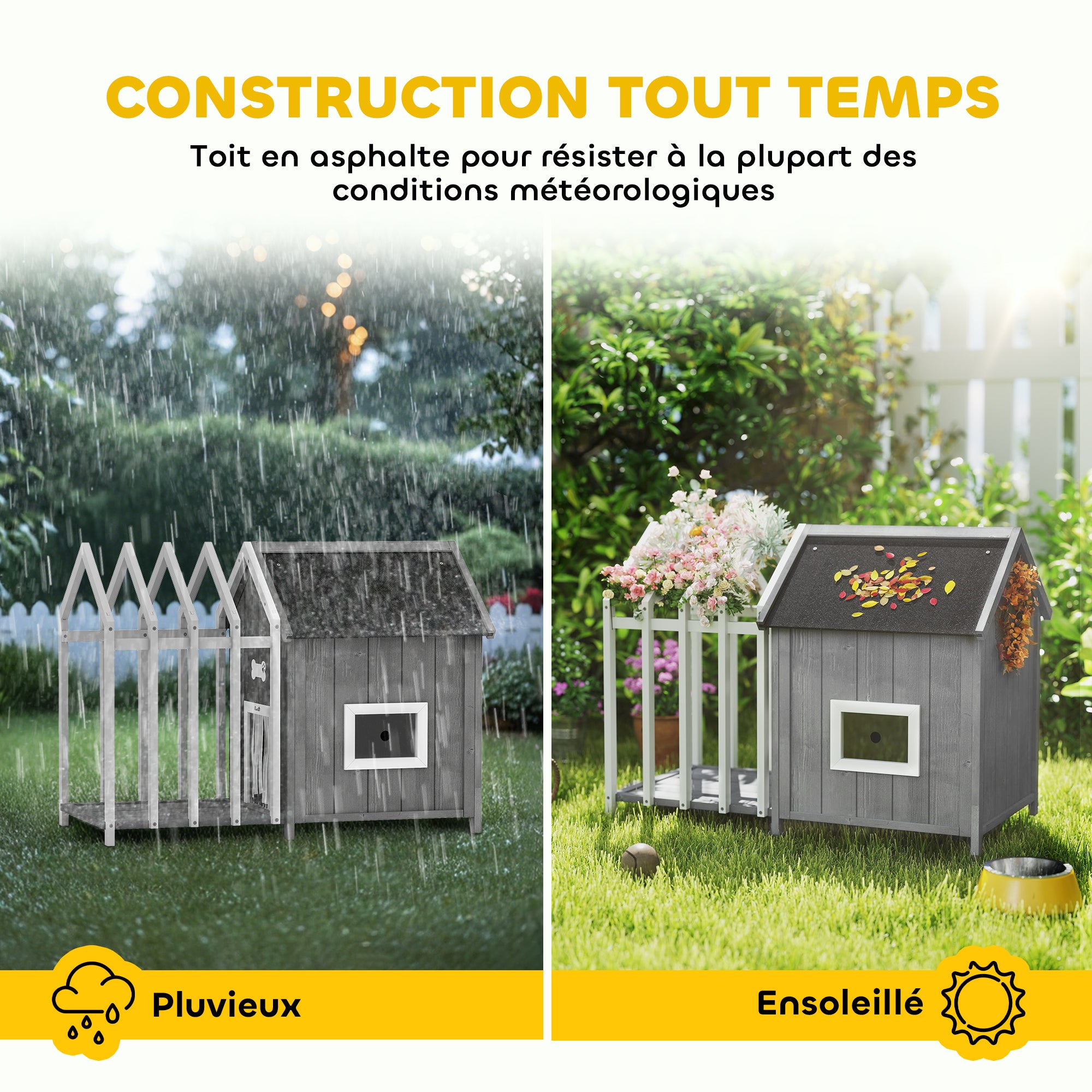 Outdoor Wooden Dog House with Terrace and Barrier, Dog Outdoor House with Sliding Door and Pointed Bitumen Roof, for Garden, Yard, Veranda, Patio, 106 x 62.5 x 80.5 cm, Gray