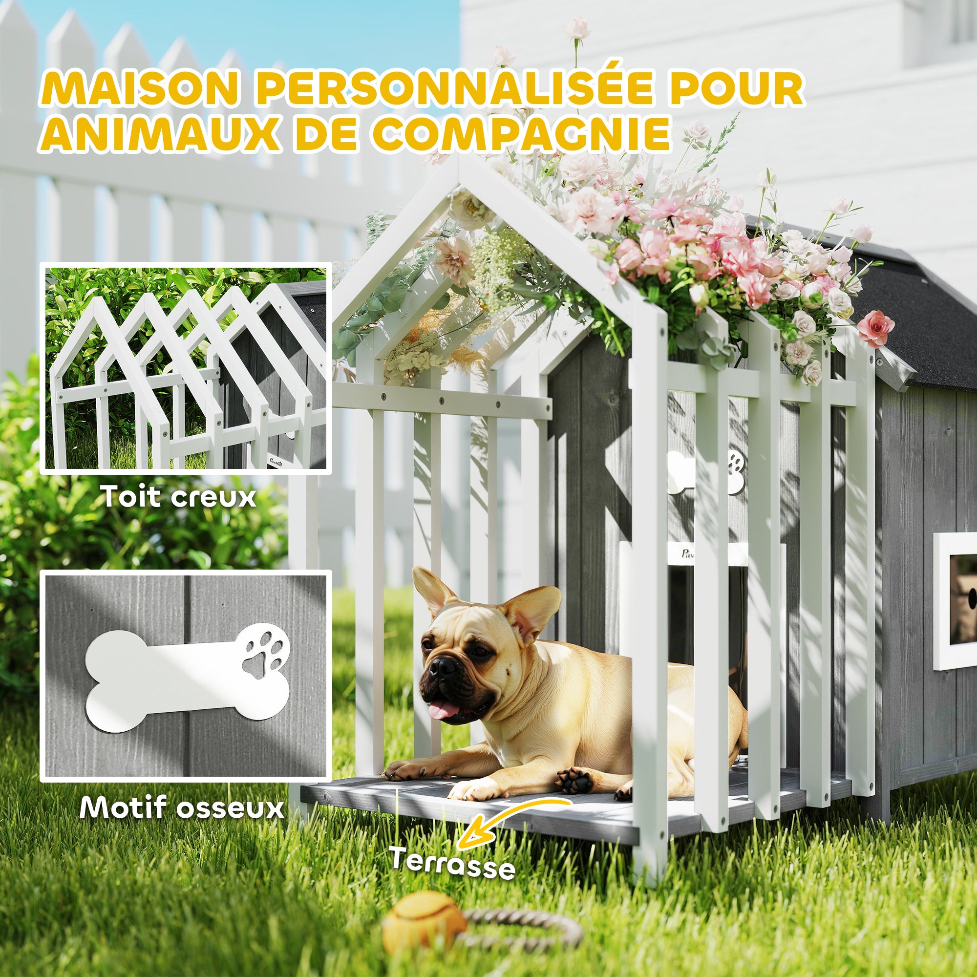 Outdoor Wooden Dog House with Terrace and Barrier, Dog Outdoor House with Sliding Door and Pointed Bitumen Roof, for Garden, Yard, Veranda, Patio, 106 x 62.5 x 80.5 cm, Gray