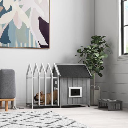 Outdoor Wooden Dog House with Terrace and Barrier, Dog Outdoor House with Sliding Door and Pointed Bitumen Roof, for Garden, Yard, Veranda, Patio, 106 x 62.5 x 80.5 cm, Gray