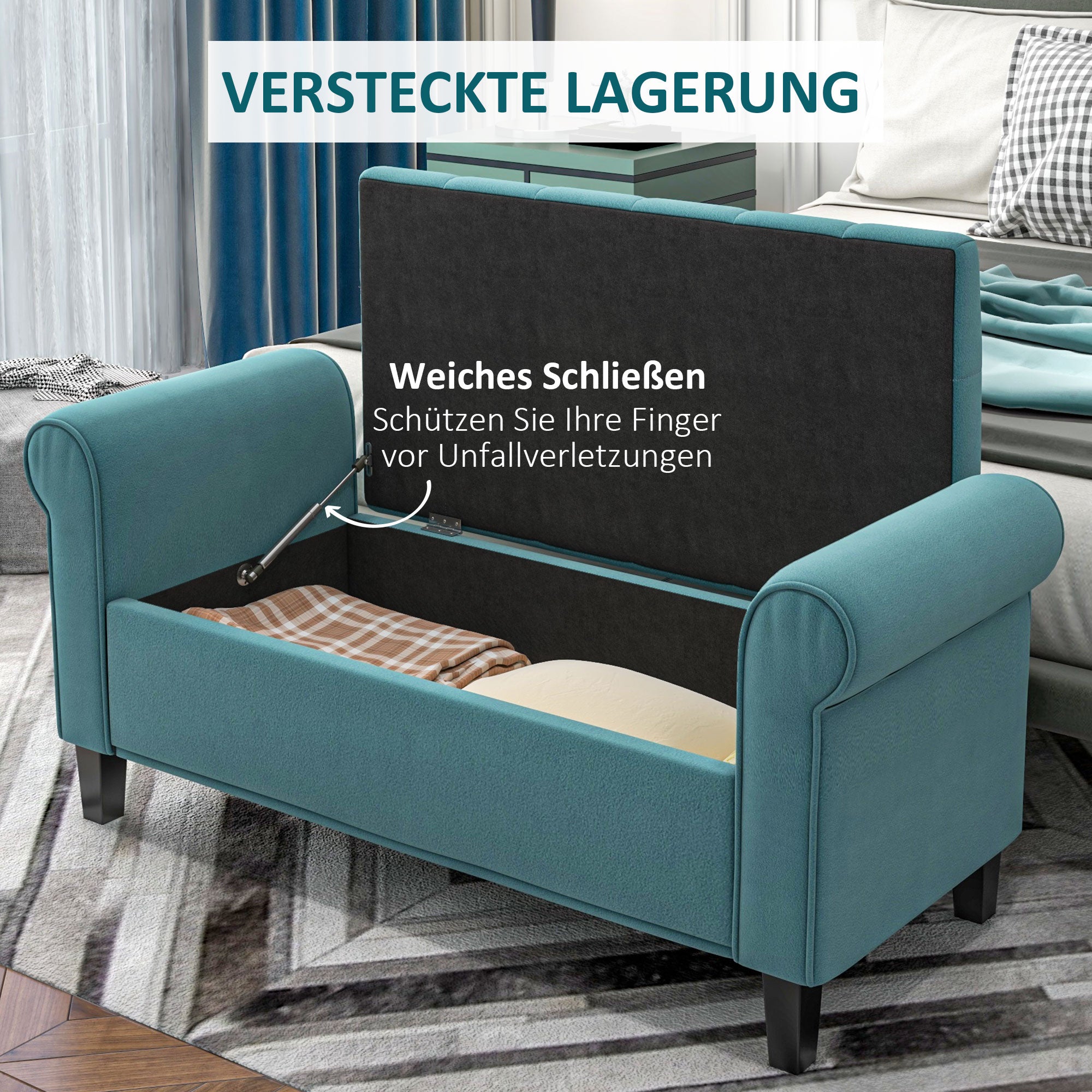 Padded Bench, Bed Bench, Seat Bench in Velvet Look, Entryway Bench with Storage for Bedroom, Supports up to 120 kg, Green, 126 x 48.5 x 47 cm
