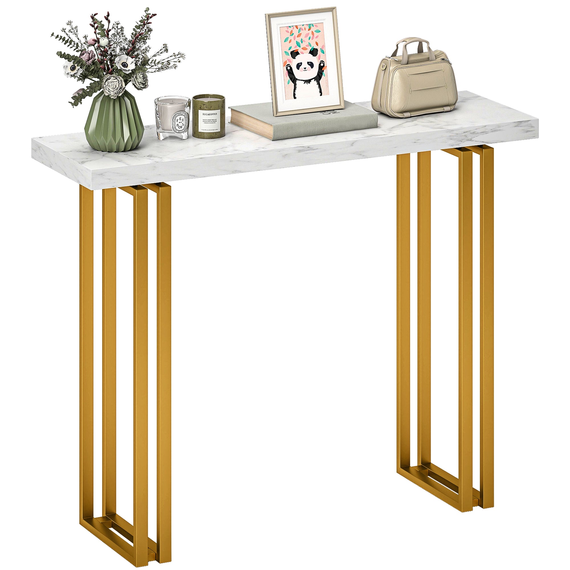 Console Table, Entryway Console with Marble-Effect Top, Steel Frame, Slim Modern Design, Sofa Table for Living Room, 39.4 x 11.8 x 30.9 in, White & Gold