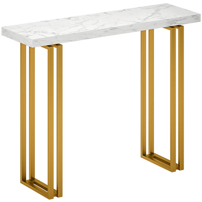 Console Table, Entryway Console with Marble-Effect Top, Steel Frame, Slim Modern Design, Sofa Table for Living Room, 39.4 x 11.8 x 30.9 in, White & Gold