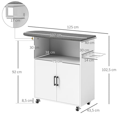 Ironing Cabinet with Wheels Ironing Cabinet with Clothes Hanging Bar Open Shelf and Ironing Board 125x43.5x102.5 cm White