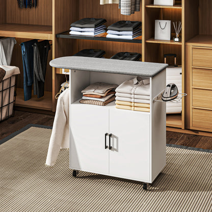 Ironing Cabinet with Wheels Ironing Cabinet with Clothes Hanging Bar Open Shelf and Ironing Board 125x43.5x102.5 cm White