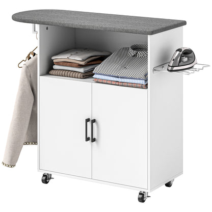 Ironing Cabinet with Wheels Ironing Cabinet with Clothes Hanging Bar Open Shelf and Ironing Board 125x43.5x102.5 cm White