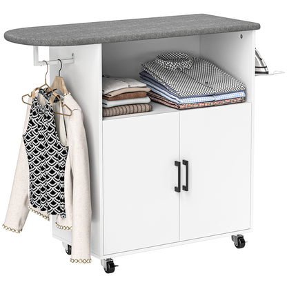 Ironing Cabinet with Wheels Ironing Cabinet with Clothes Hanging Bar Open Shelf and Ironing Board 125x43.5x102.5 cm White