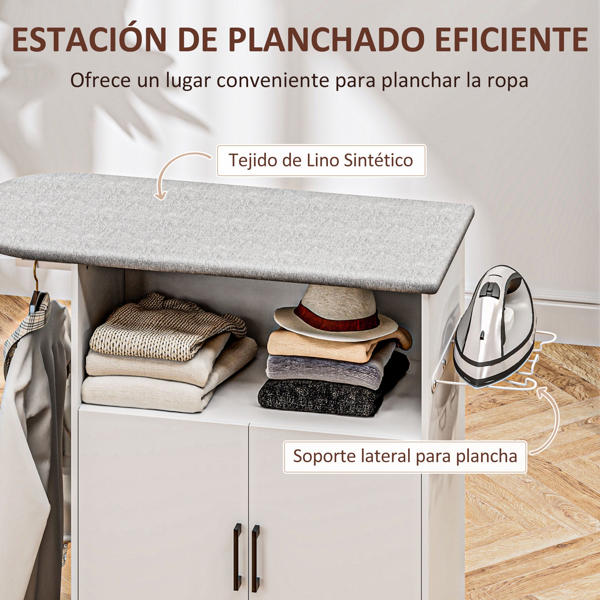 Ironing Cabinet with Wheels Ironing Cabinet with Clothes Hanging Bar Open Shelf and Ironing Board 125x43.5x102.5 cm White