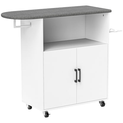 Ironing Cabinet with Wheels Ironing Cabinet with Clothes Hanging Bar Open Shelf and Ironing Board 125x43.5x102.5 cm White