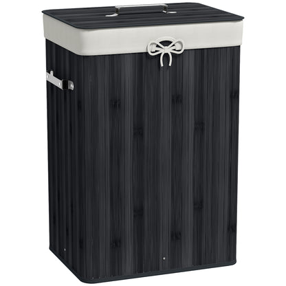 Folding Bamboo Laundry Hamper with Lid, Handles, and Removable Bag for Bathroom 40x30x60 cm Black