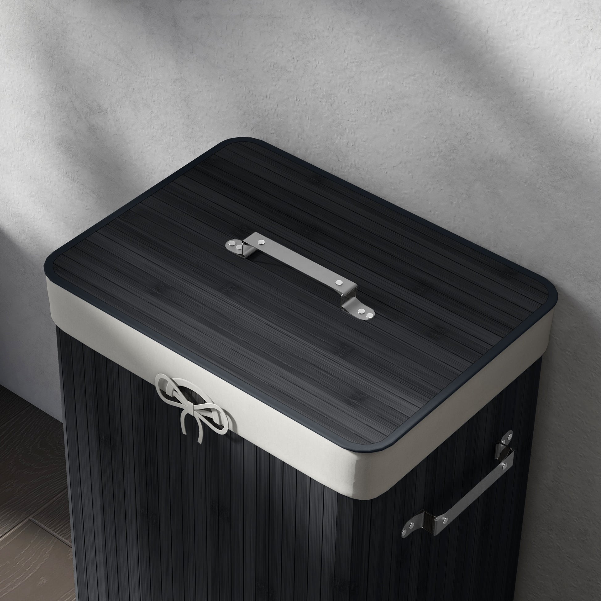 Folding Bamboo Laundry Hamper with Lid, Handles, and Removable Bag for Bathroom 40x30x60 cm Black