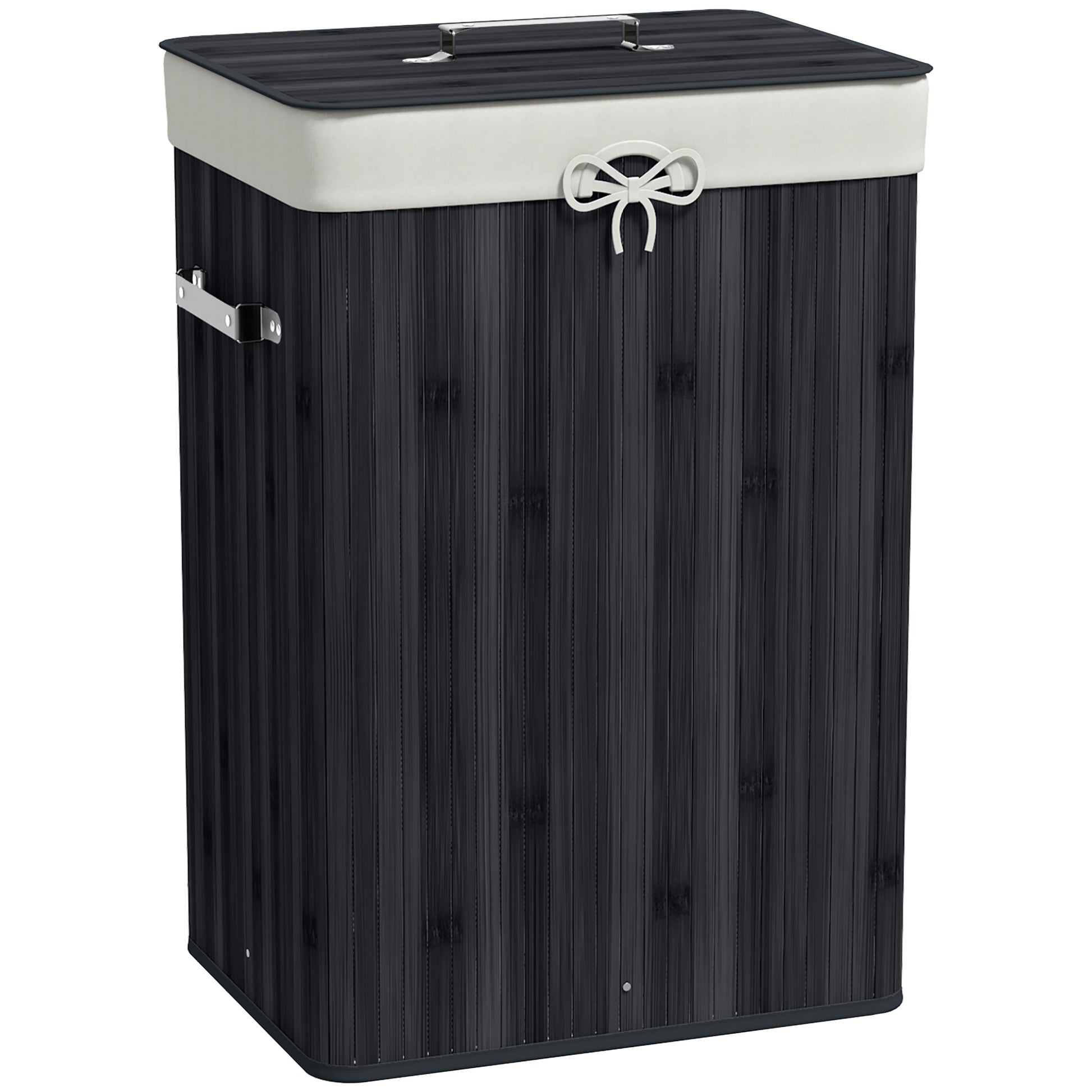 Folding Bamboo Laundry Hamper with Lid, Handles, and Removable Bag for Bathroom 40x30x60 cm Black