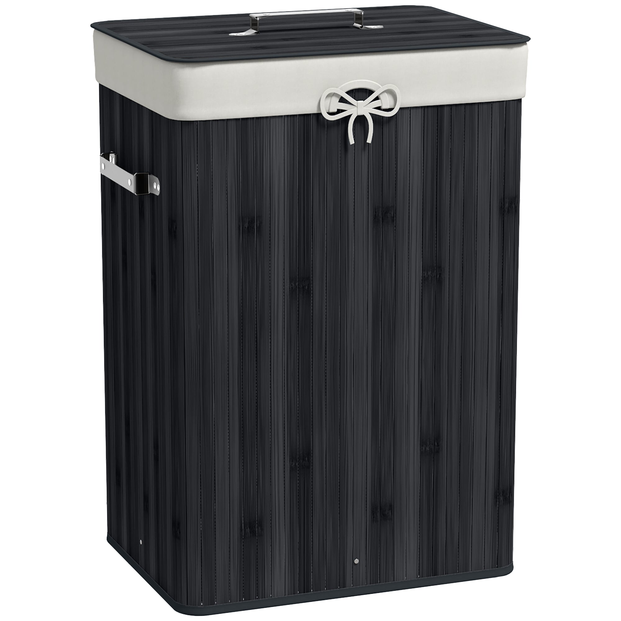 Folding Bamboo Laundry Hamper with Lid, Handles, and Removable Bag for Bathroom 40x30x60 cm Black