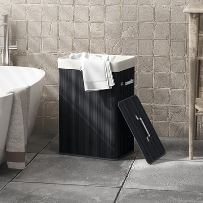 Folding Bamboo Laundry Hamper with Lid, Handles, and Removable Bag for Bathroom 40x30x60 cm Black