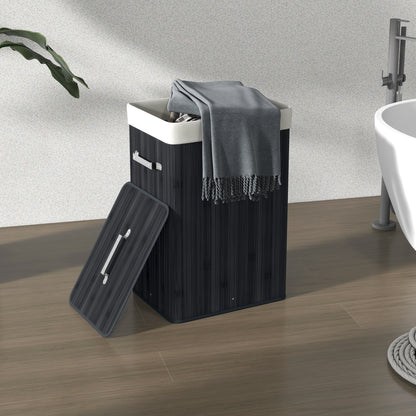 Folding Bamboo Laundry Hamper with Lid, Handles, and Removable Bag for Bathroom 40x30x60 cm Black