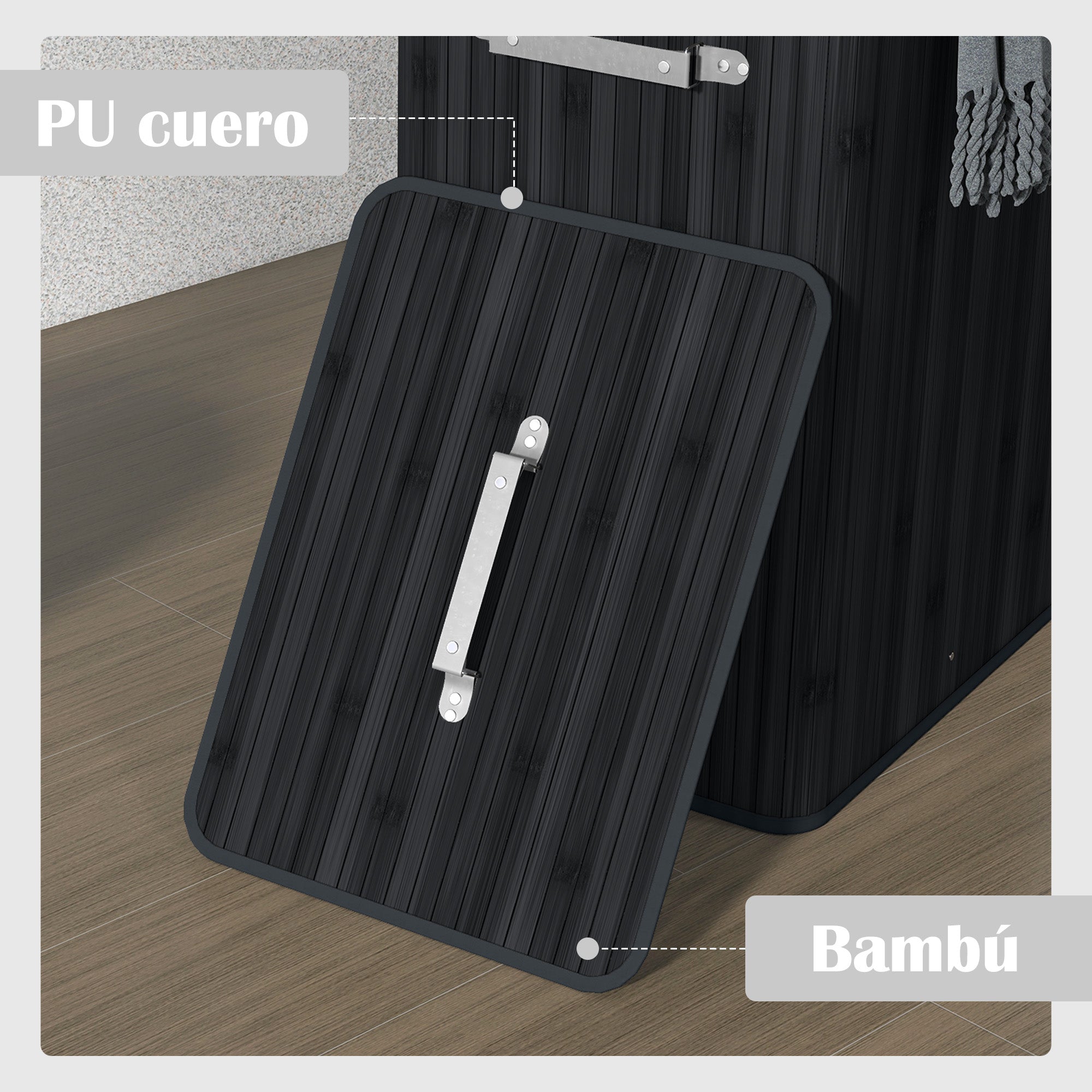 Folding Bamboo Laundry Hamper with Lid, Handles, and Removable Bag for Bathroom 40x30x60 cm Black