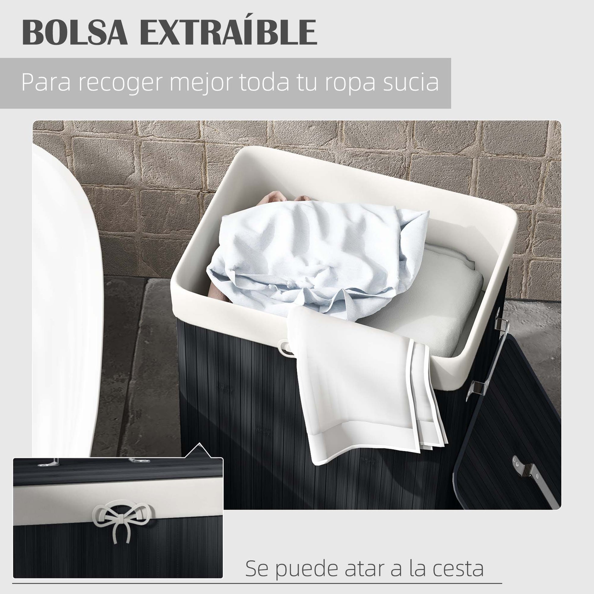 Folding Bamboo Laundry Hamper with Lid, Handles, and Removable Bag for Bathroom 40x30x60 cm Black