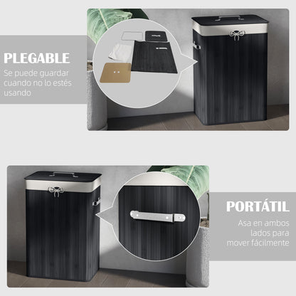 Folding Bamboo Laundry Hamper with Lid, Handles, and Removable Bag for Bathroom 40x30x60 cm Black