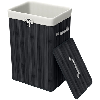 Folding Bamboo Laundry Hamper with Lid, Handles, and Removable Bag for Bathroom 40x30x60 cm Black
