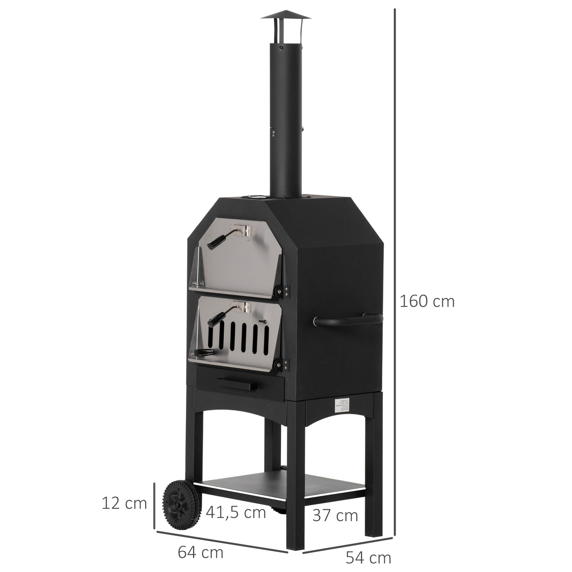 Outdoor Pizza Oven with 2 Layers Wood Fired Oven with Wheels Removable Drawer Storage Shelf for Terrace Camping Patio 64x54x160 cm Black