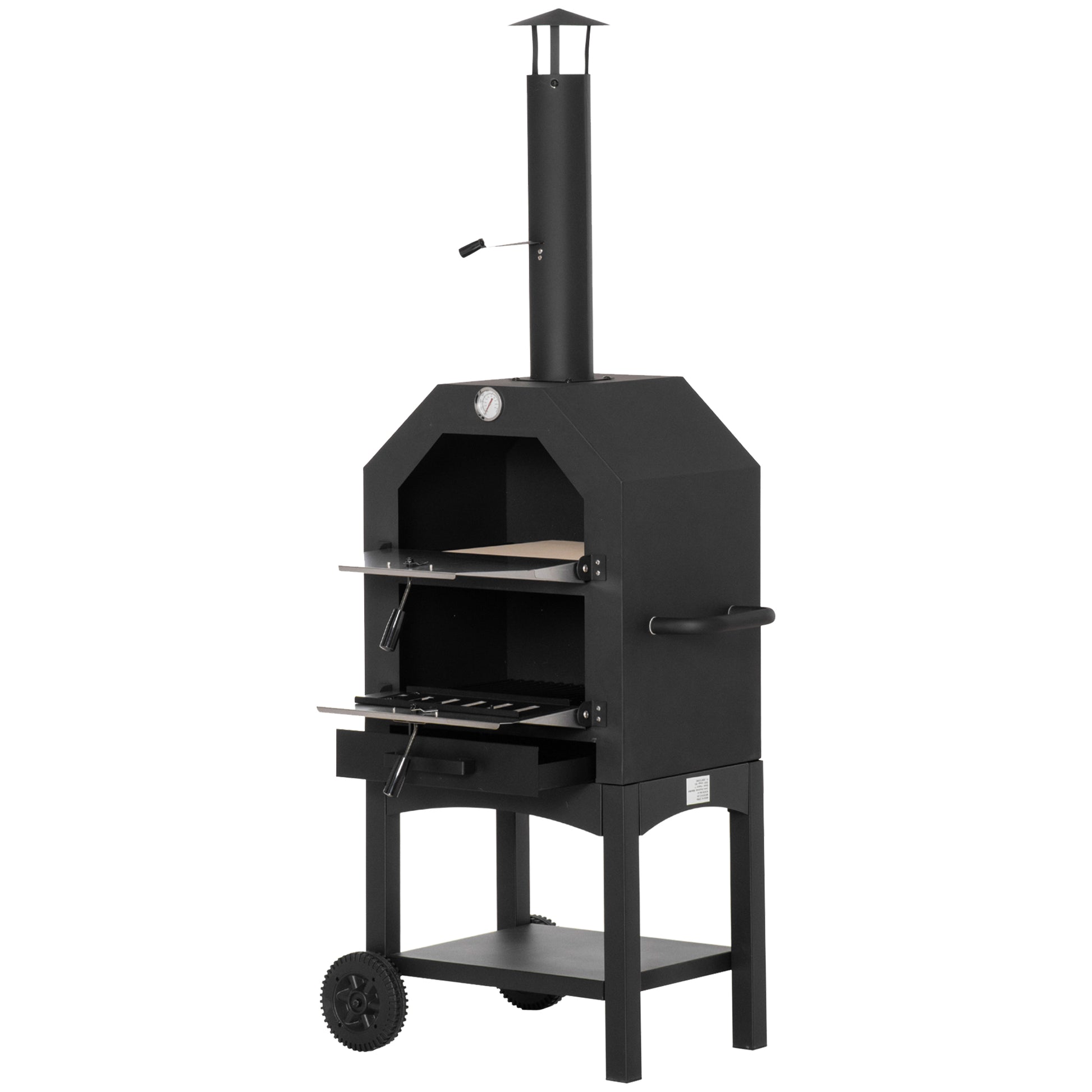 Outdoor Pizza Oven with 2 Layers Wood Fired Oven with Wheels Removable Drawer Storage Shelf for Terrace Camping Patio 64x54x160 cm Black