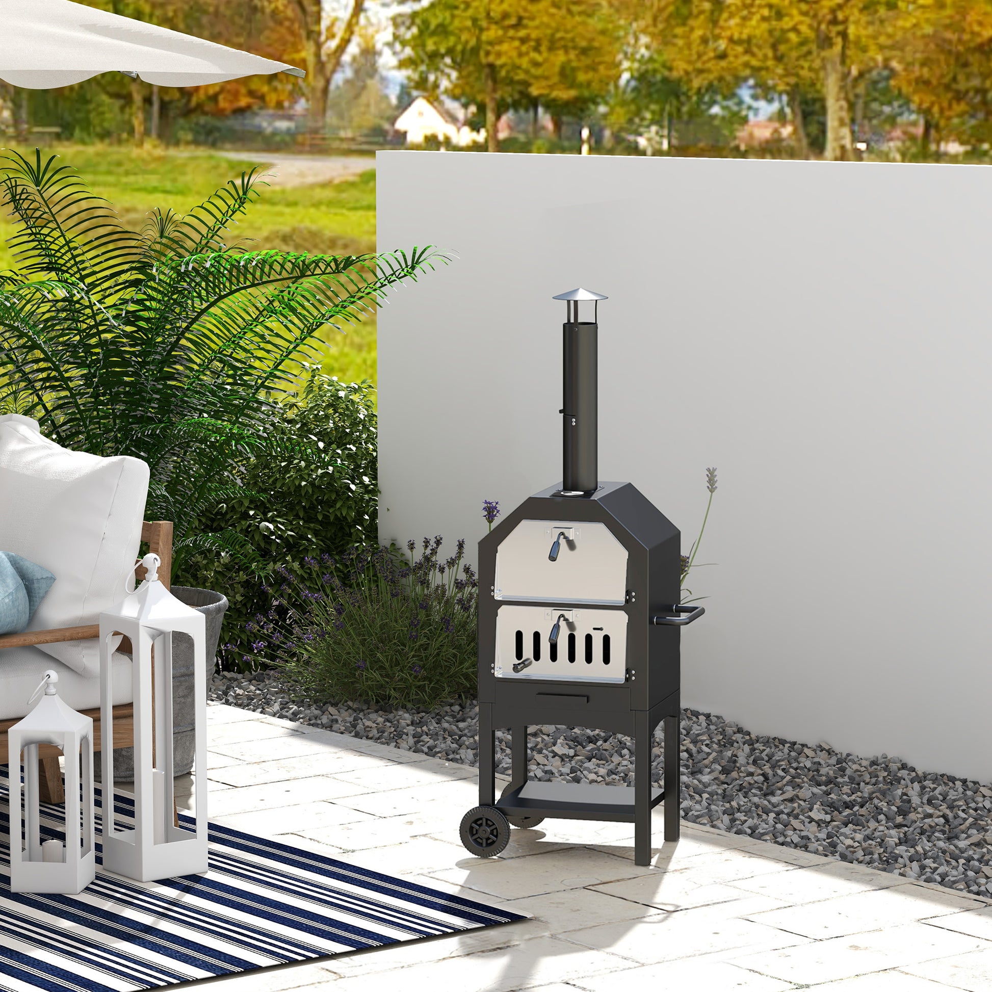 Outdoor Pizza Oven with 2 Layers Wood Fired Oven with Wheels Removable Drawer Storage Shelf for Terrace Camping Patio 64x54x160 cm Black