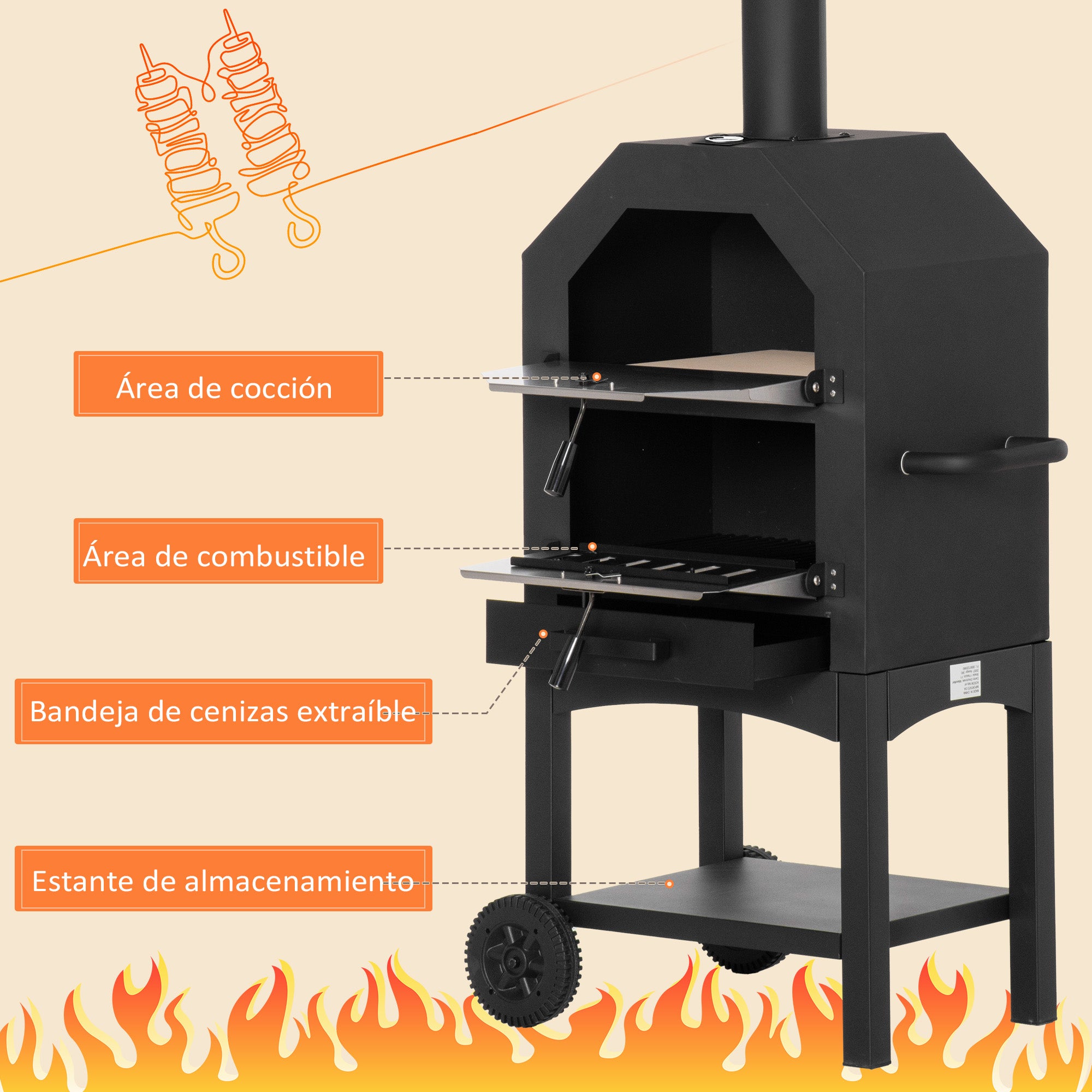 Outdoor Pizza Oven with 2 Layers Wood Fired Oven with Wheels Removable Drawer Storage Shelf for Terrace Camping Patio 64x54x160 cm Black