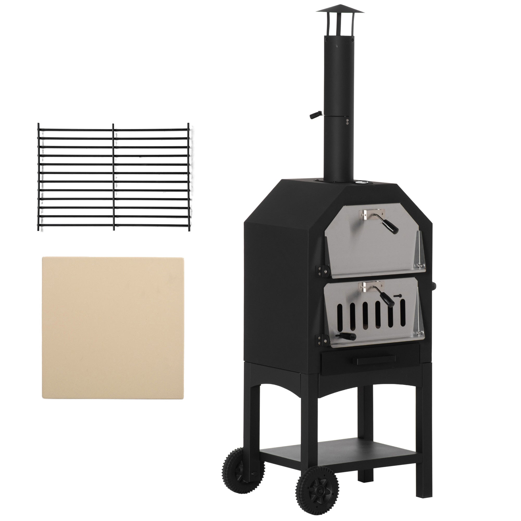 Outdoor Pizza Oven with 2 Layers Wood Fired Oven with Wheels Removable Drawer Storage Shelf for Terrace Camping Patio 64x54x160 cm Black