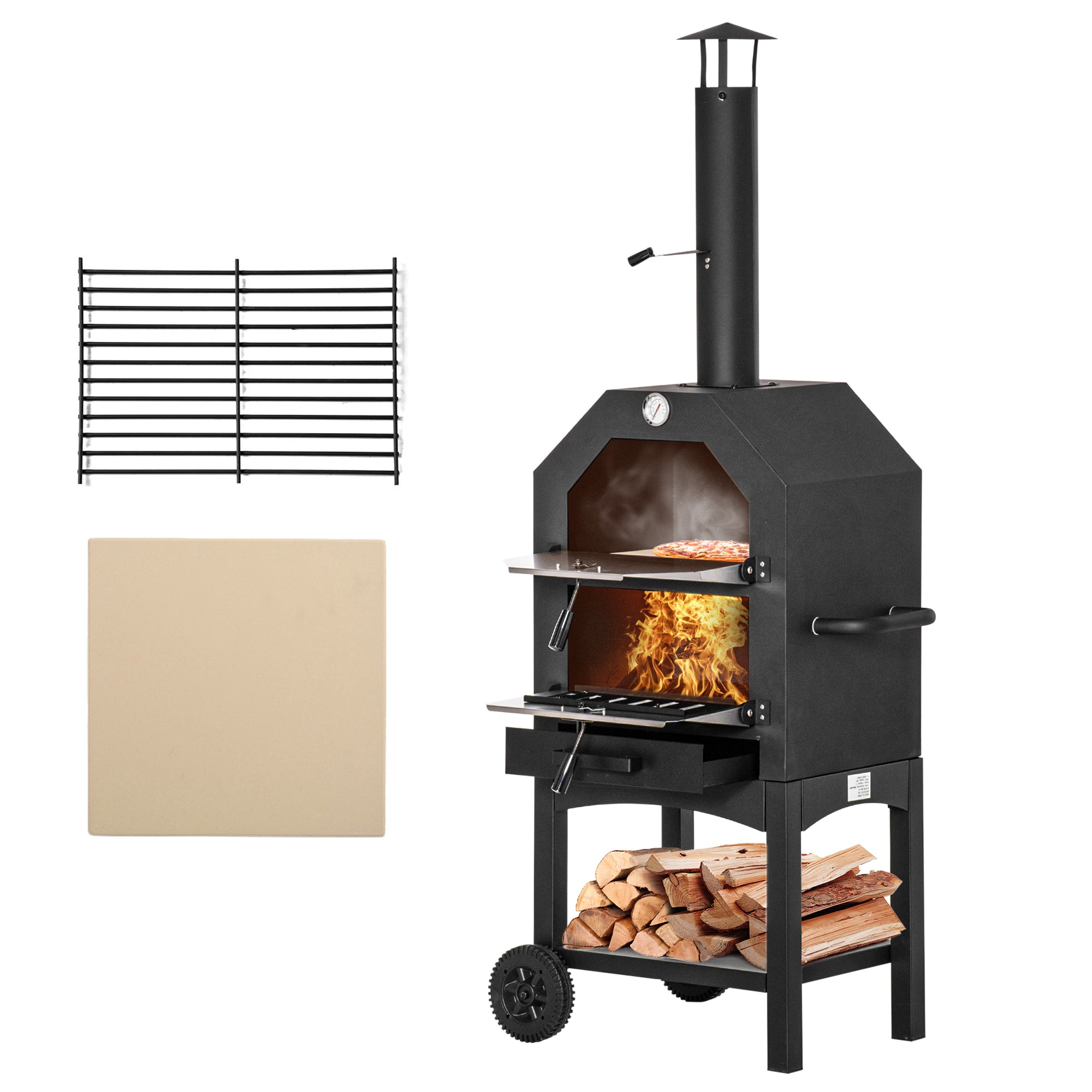 Outdoor Pizza Oven with 2 Layers Wood Fired Oven with Wheels Removable Drawer Storage Shelf for Terrace Camping Patio 64x54x160 cm Black