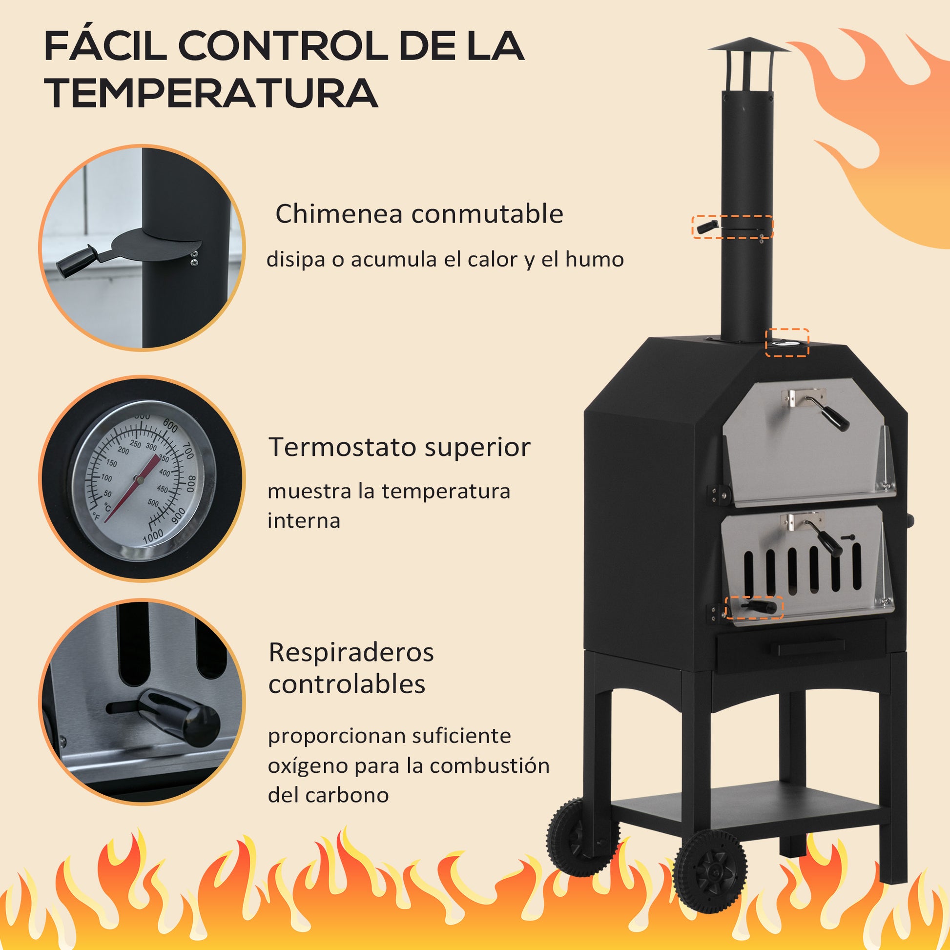 Outdoor Pizza Oven with 2 Layers Wood Fired Oven with Wheels Removable Drawer Storage Shelf for Terrace Camping Patio 64x54x160 cm Black