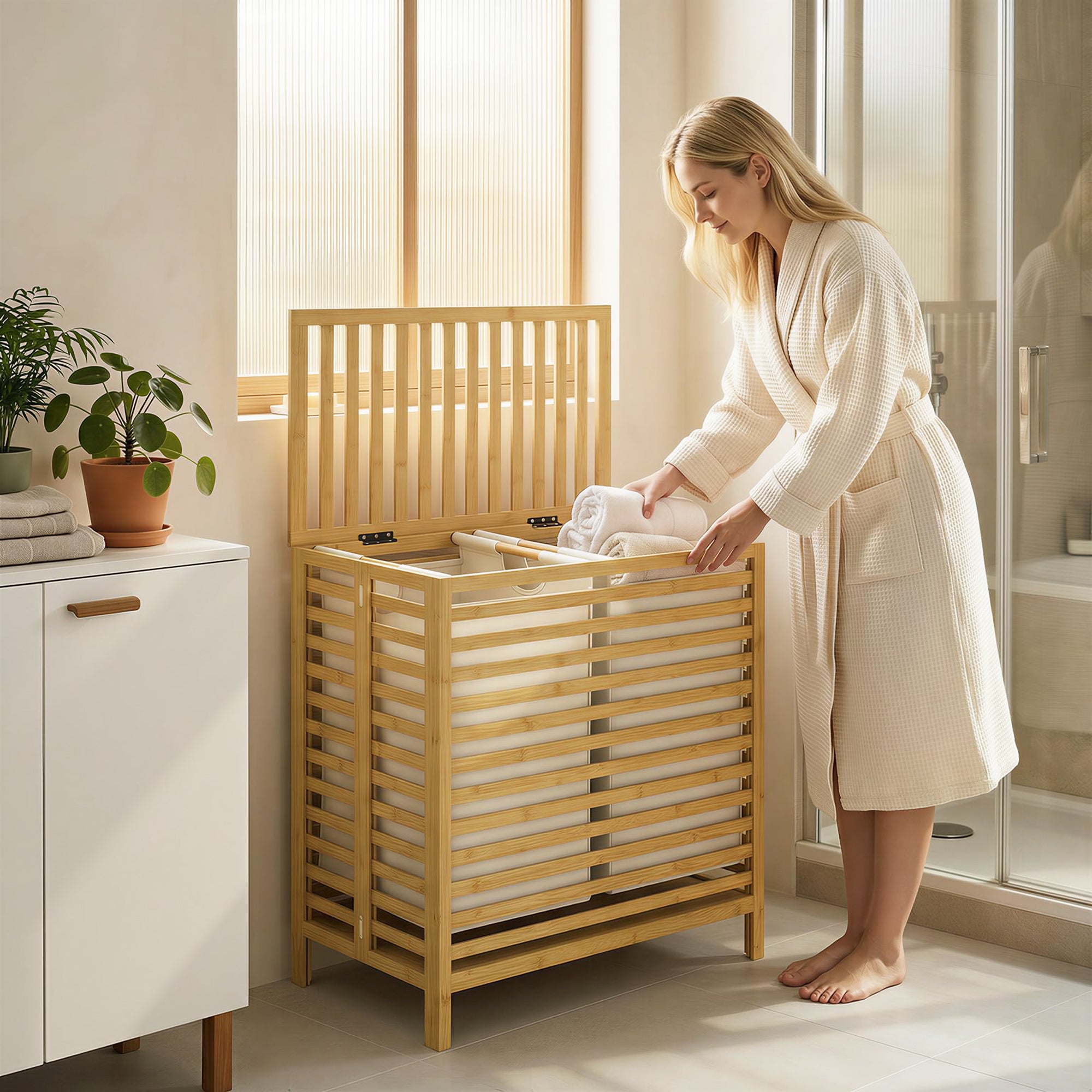 Bamboo Laundry Hamper with Lid, 64 L Double Laundry Bin with 2 Removable Washable Bags, Foldable Laundry Sorter for Bathroom & Bedroom, Natural & Cream White