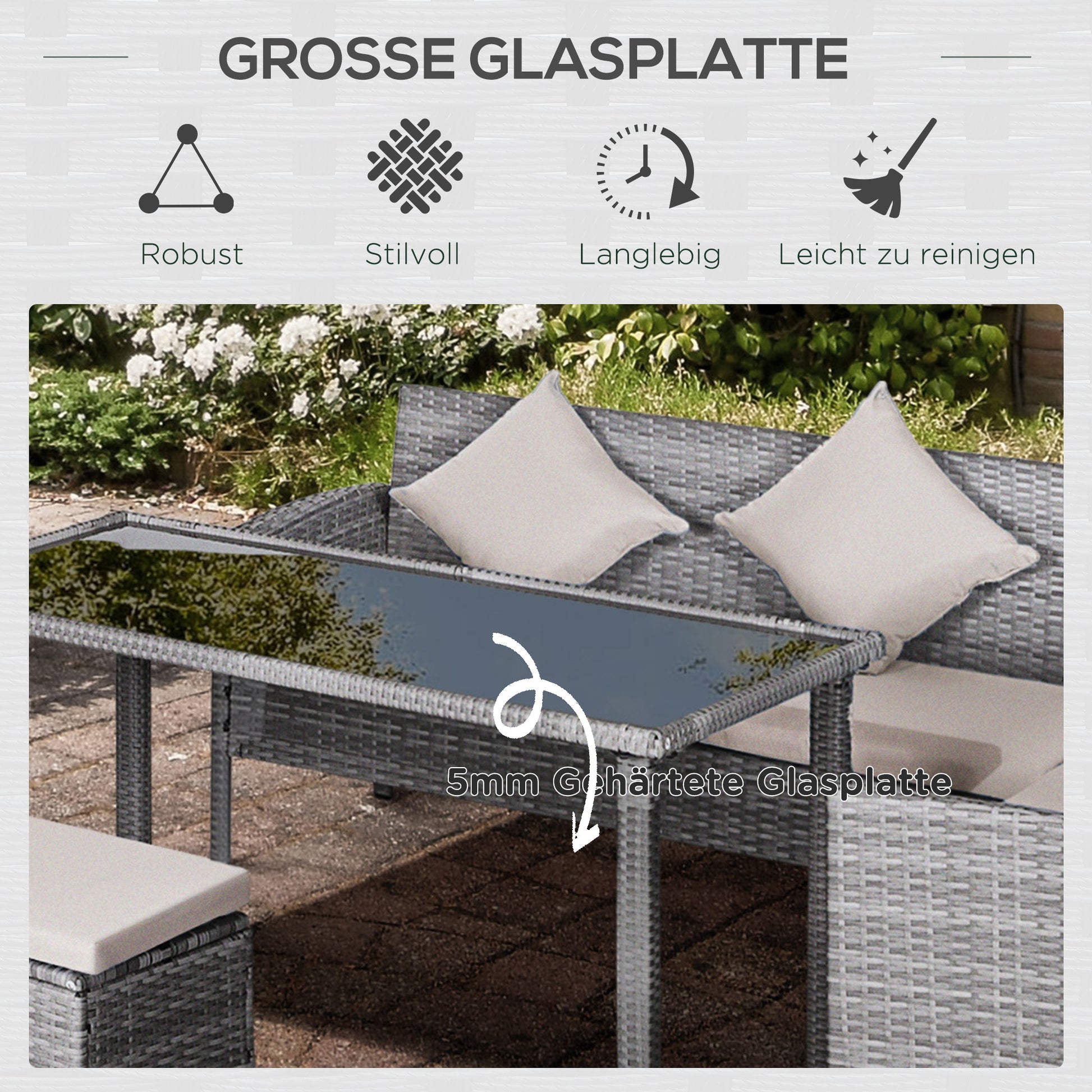5-pc Garden Furniture Set, Rattan Seating Group with Footstool, Metal, Gray, 134 x 60 x 75 cm