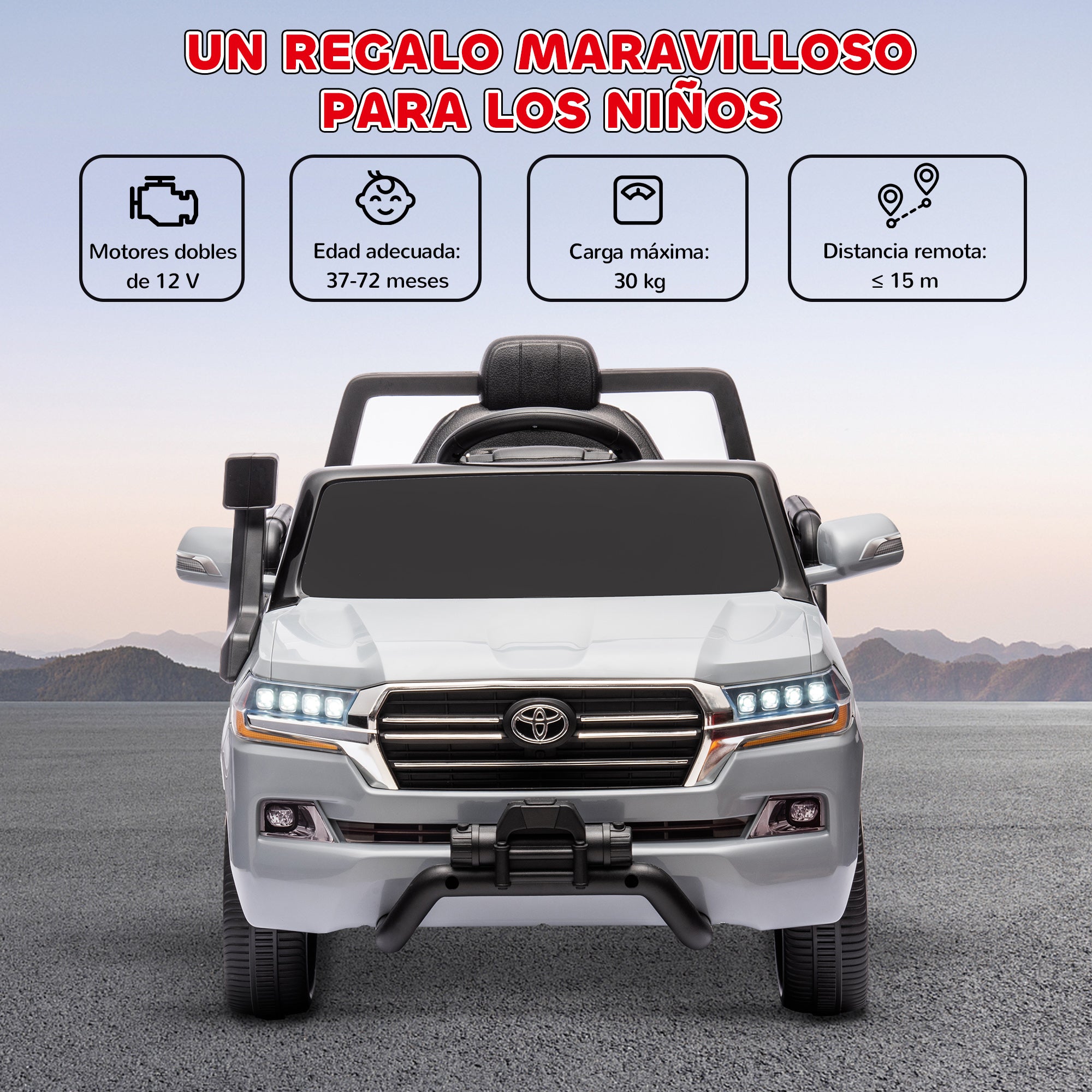 Electric Car for Kids 3+ Years Toyota LAND CRUISER Electric Car with 12V Battery Remote Control Headlights Horn Soft Start and MP3 Music Gray