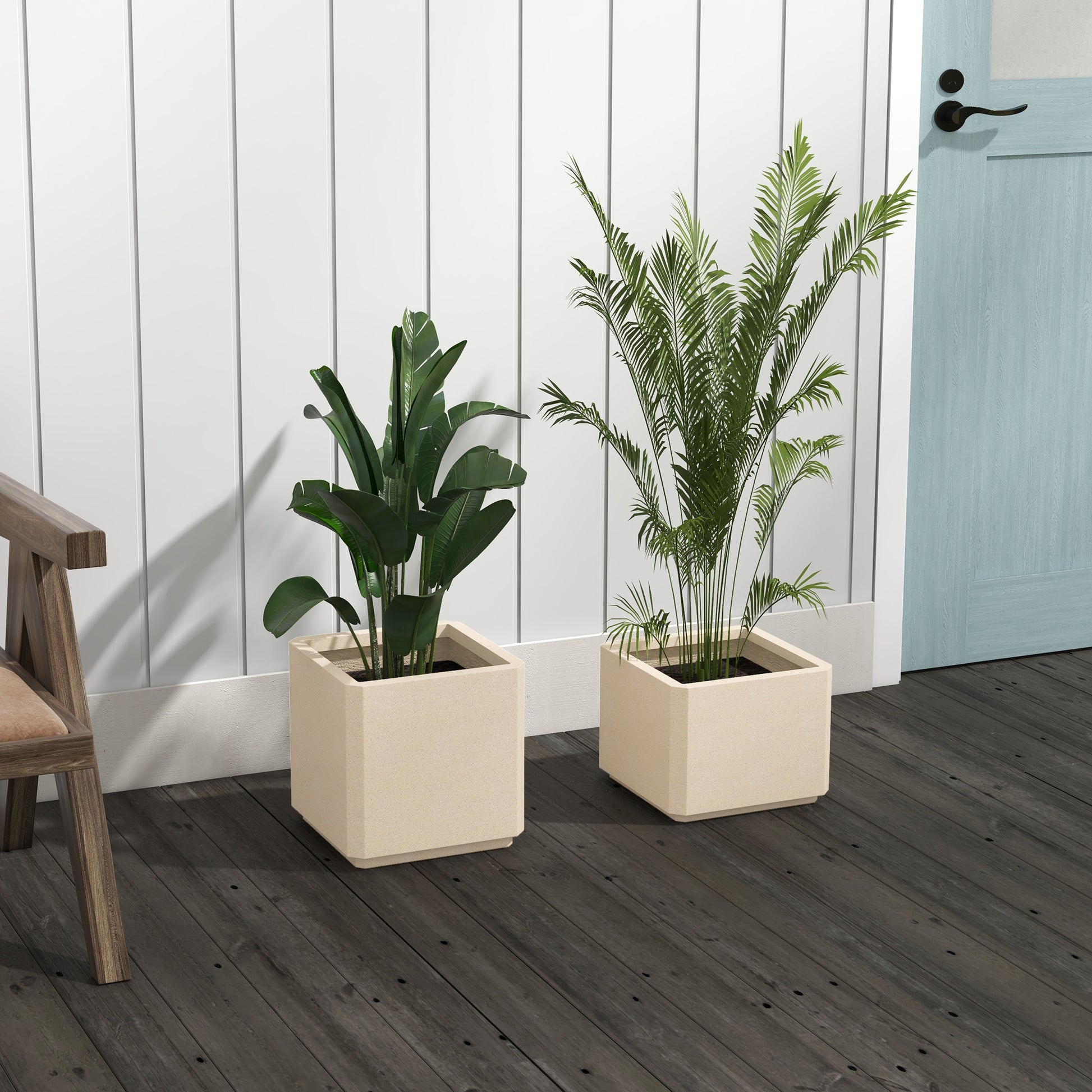 Set of 2 Square Garden Pots, Stackable Plant and Flower Pots for Outdoor and Indoor, Beige