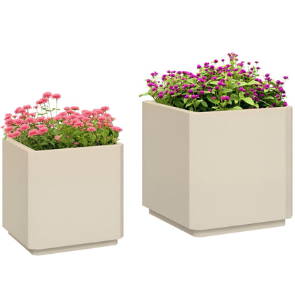 Set of 2 Square Garden Pots, Stackable Plant and Flower Pots for Outdoor and Indoor, Beige