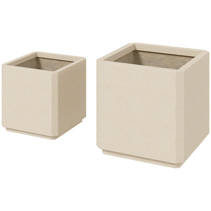 Set of 2 Square Garden Pots, Stackable Plant and Flower Pots for Outdoor and Indoor, Beige