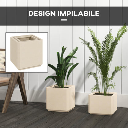 Set of 2 Square Garden Pots, Stackable Plant and Flower Pots for Outdoor and Indoor, Beige
