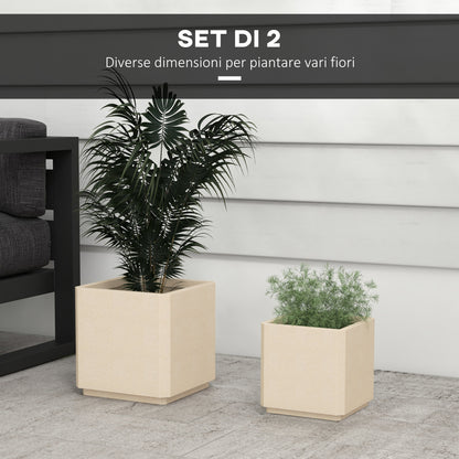 Set of 2 Square Garden Pots, Stackable Plant and Flower Pots for Outdoor and Indoor, Beige
