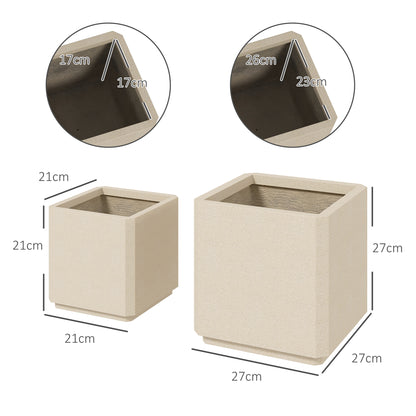Set of 2 Square Garden Pots, Stackable Plant and Flower Pots for Outdoor and Indoor, Beige