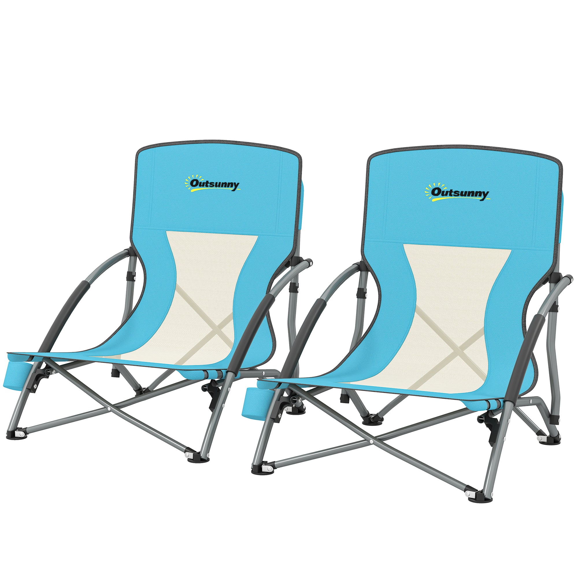 Set of 2 folding beach chairs, lightweight camping chairs 2.2 kg, with mesh backrest, carrying bag, and cup holder for garden, picnic, festival, travel, blue