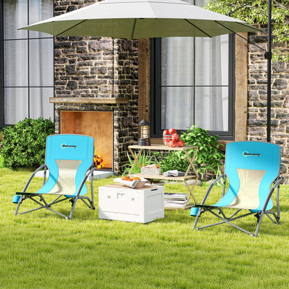 Set of 2 folding beach chairs, lightweight camping chairs 2.2 kg, with mesh backrest, carrying bag, and cup holder for garden, picnic, festival, travel, blue