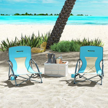 Set of 2 folding beach chairs, lightweight camping chairs 2.2 kg, with mesh backrest, carrying bag, and cup holder for garden, picnic, festival, travel, blue