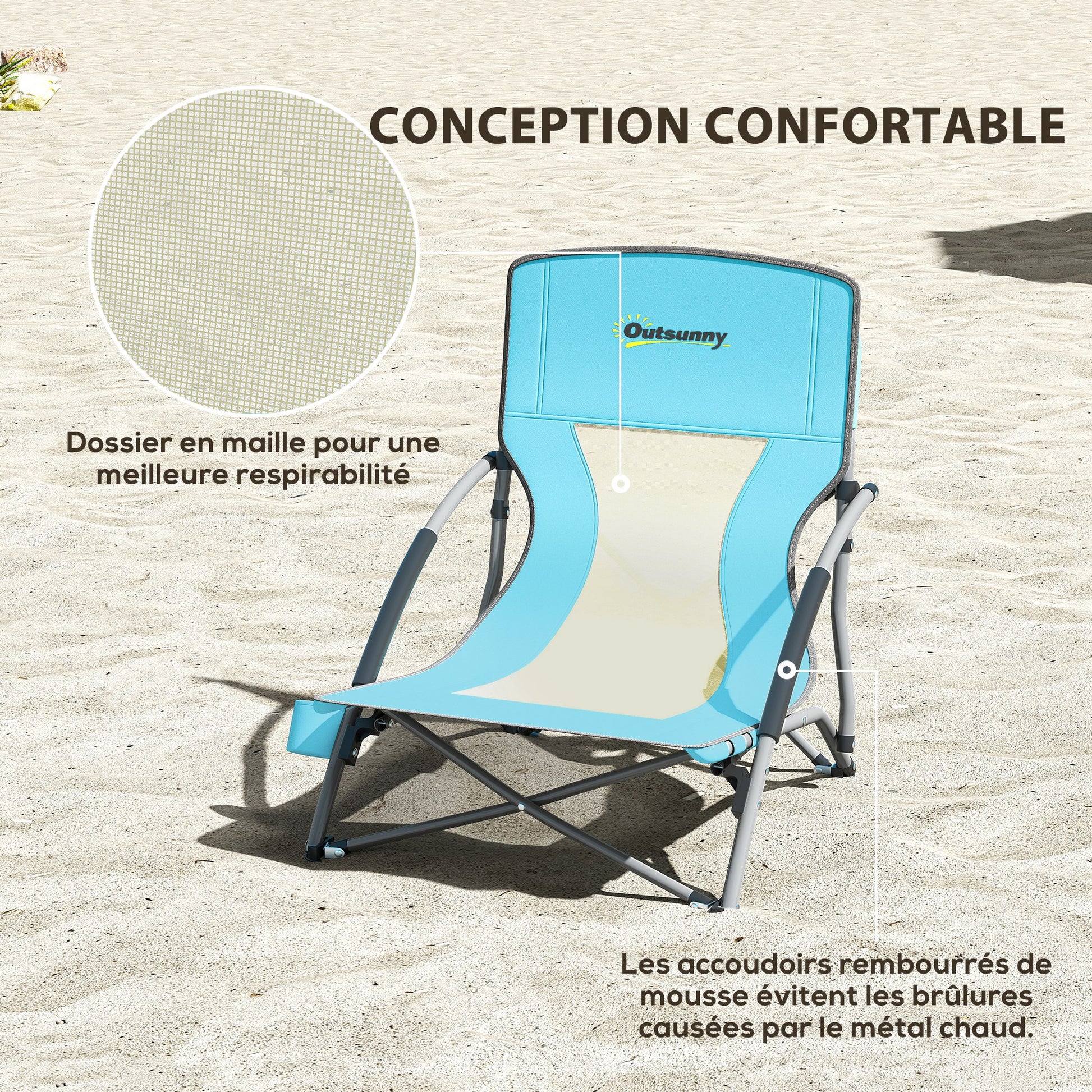 Set of 2 folding beach chairs, lightweight camping chairs 2.2 kg, with mesh backrest, carrying bag, and cup holder for garden, picnic, festival, travel, blue