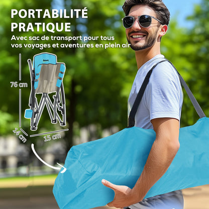 Set of 2 folding beach chairs, lightweight camping chairs 2.2 kg, with mesh backrest, carrying bag, and cup holder for garden, picnic, festival, travel, blue