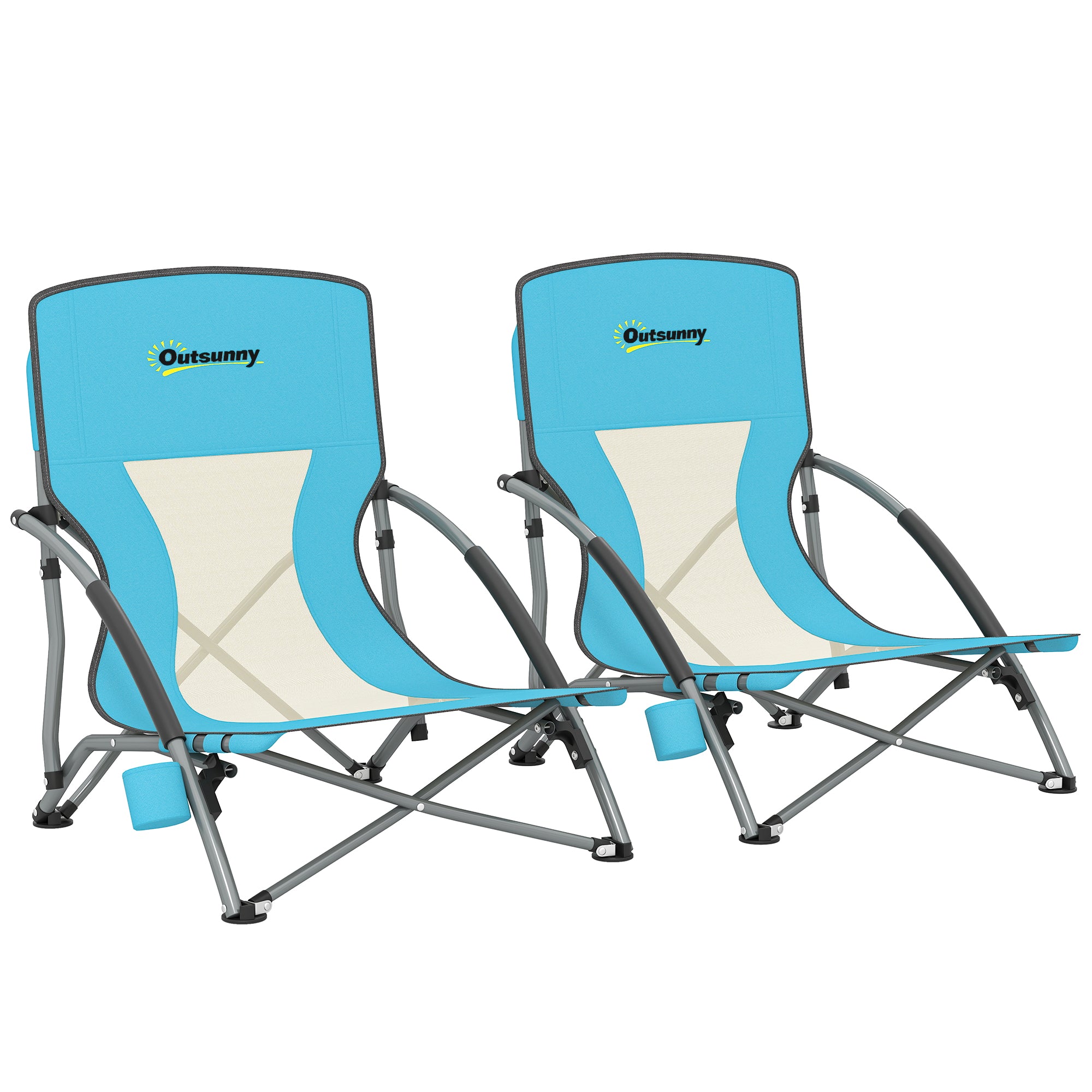 Set of 2 folding beach chairs, lightweight camping chairs 2.2 kg, with mesh backrest, carrying bag, and cup holder for garden, picnic, festival, travel, blue